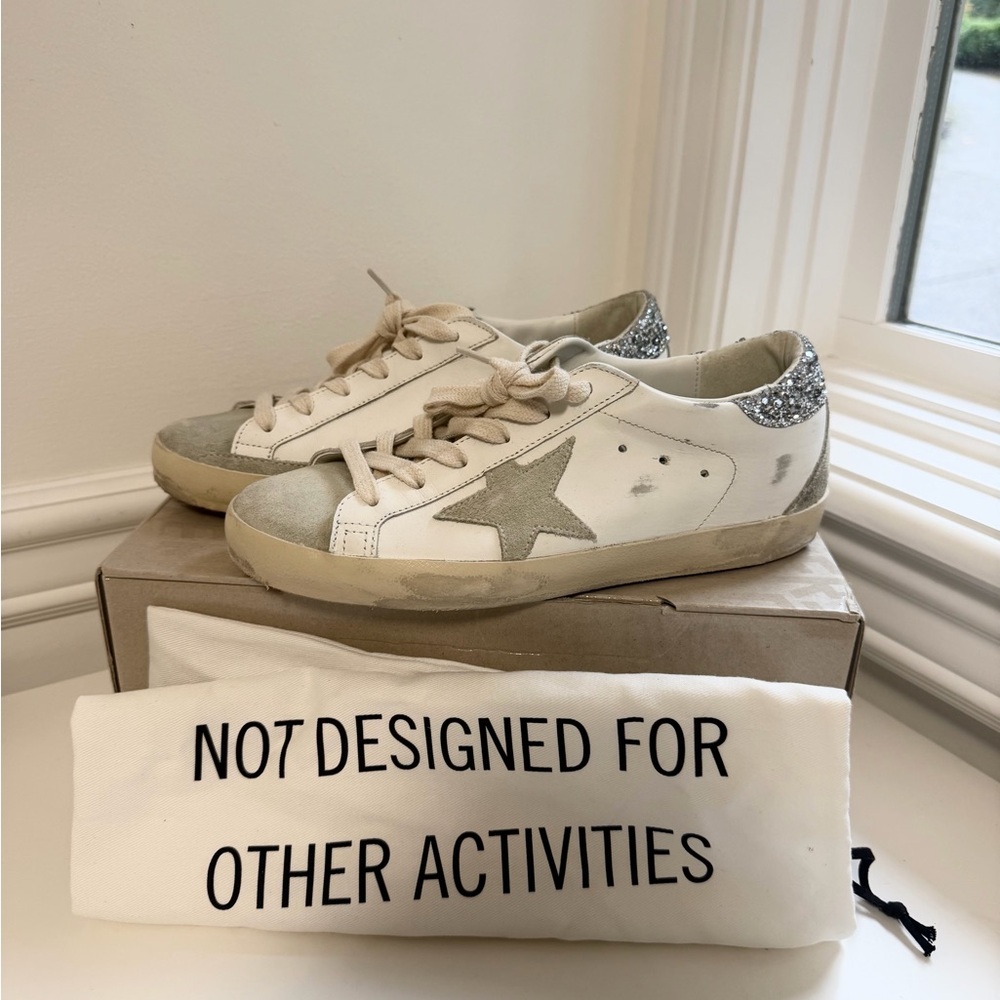NIB Golden Goose Super-Star sneaker,  gray star + silver glitter tab, size US7